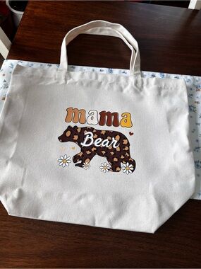 Mama Bear Tote Bag - Cream with Brown Leopard Graphic